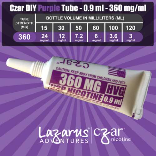 Flavorless Nictoine Liquid,  Czar Nicotine Tube - Purple 360mg, Pack of 5  tubes (0.9ml/tube)