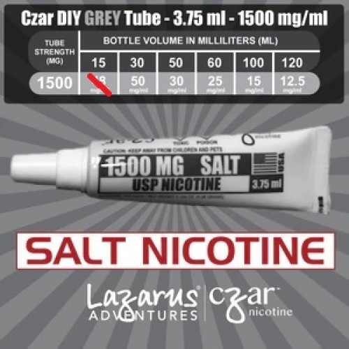 Flavorless SALT Nicotine Liquid,  Czar Nicotine Tube - Grey SALT 1500mg, Pack of 5 tubes (3.75ml/tube)